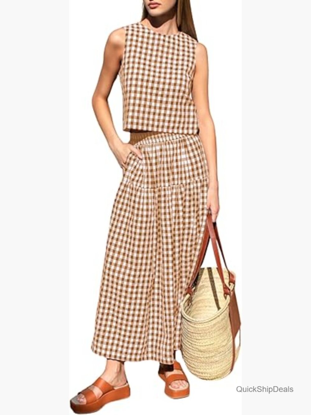 Women's Gingham 2 Piece Outfit Sleeveless Crop Top and Tiered Skirt Set